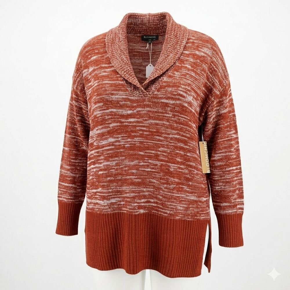 NWT Bloomchic 12W Sweater Shawl Collar Tunic Slits Rust Orange White Marble Knit